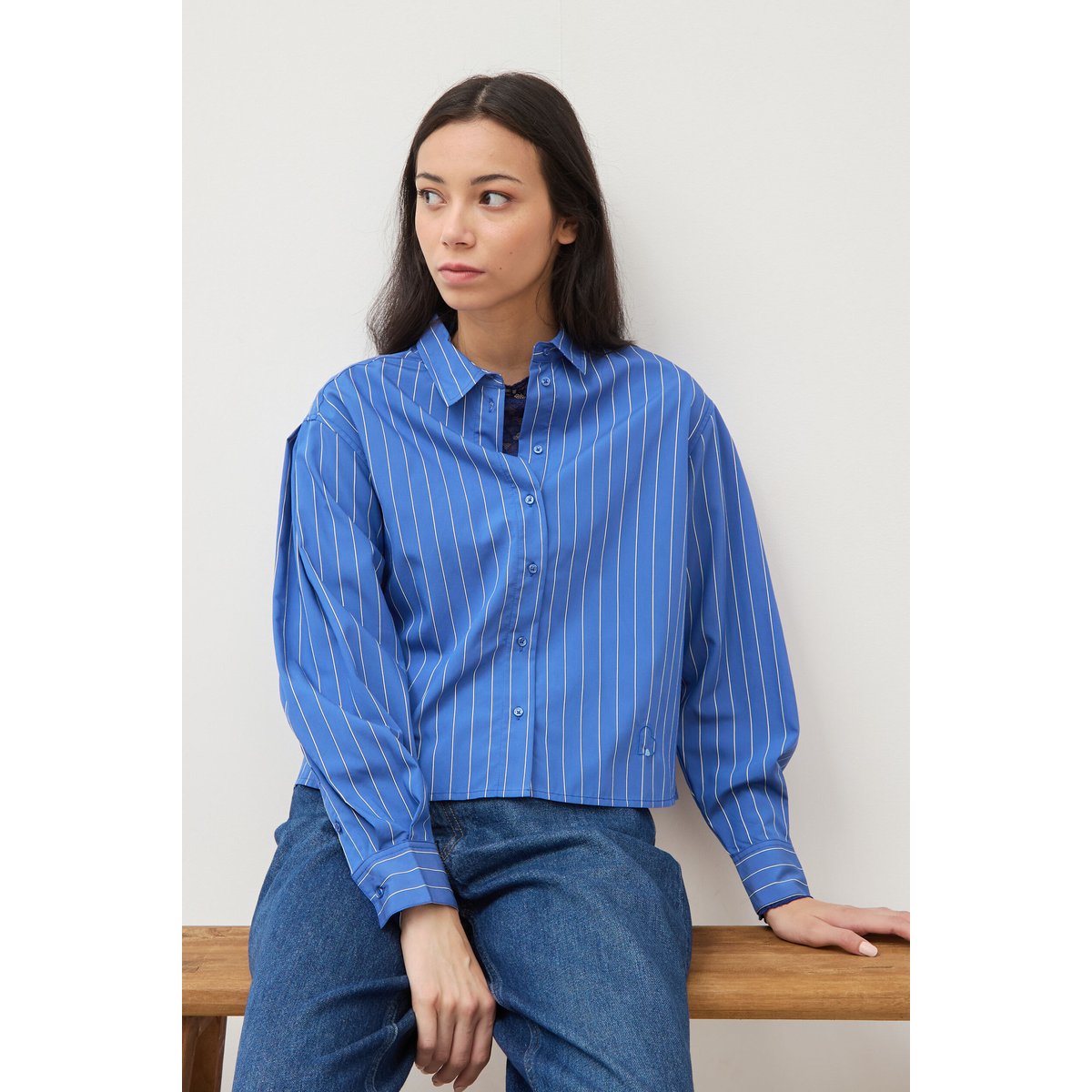Chemise droite manches longues rayée bleu, BONOBO