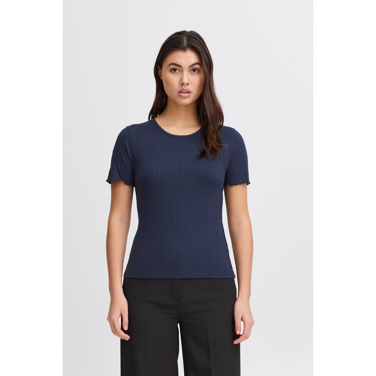 T-shirt manches courtes, coupe ajustée, col rond bleu total eclipse, ICHI