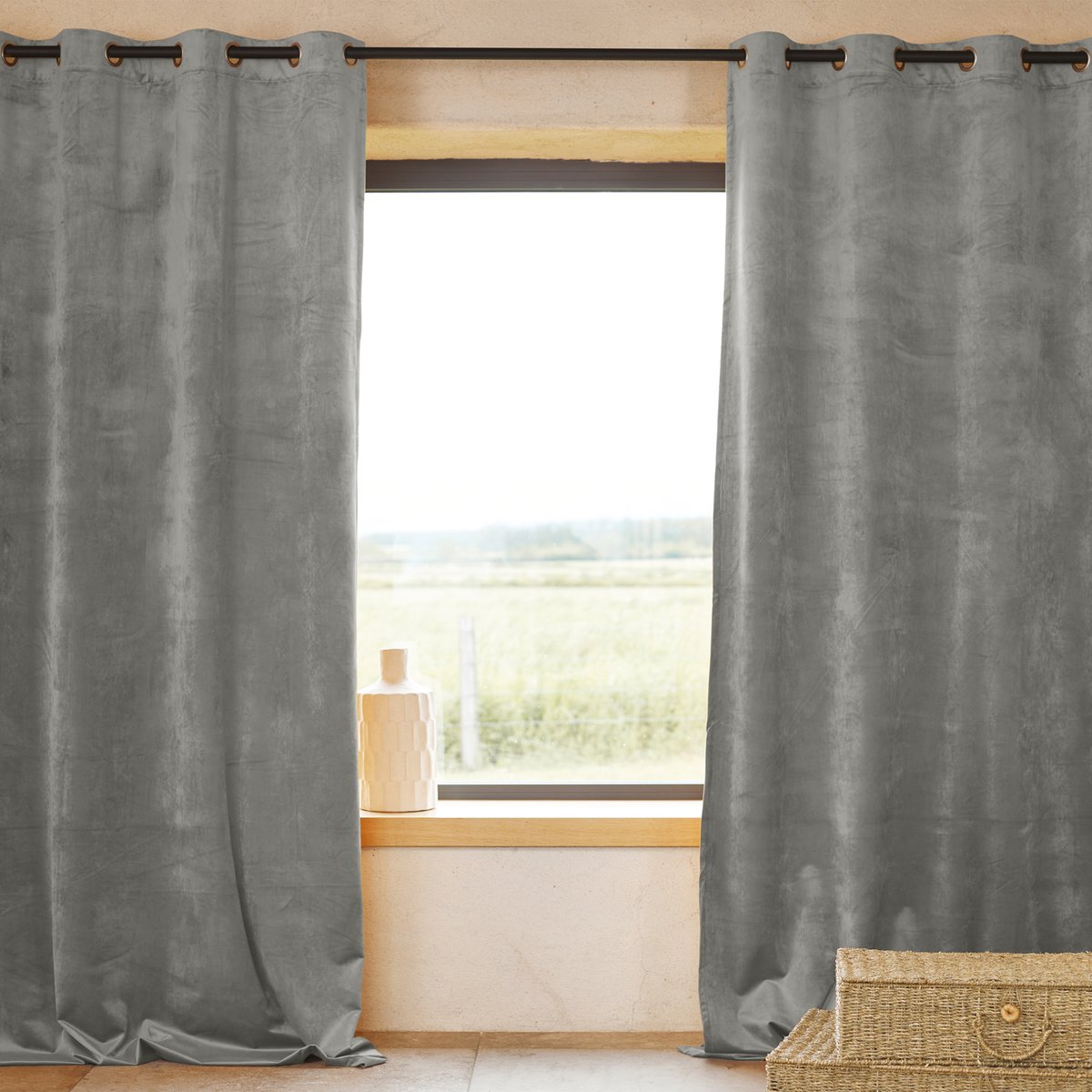 Rideau Ignifugé M1 en velours premium - QABANE gris, HOME MAISON