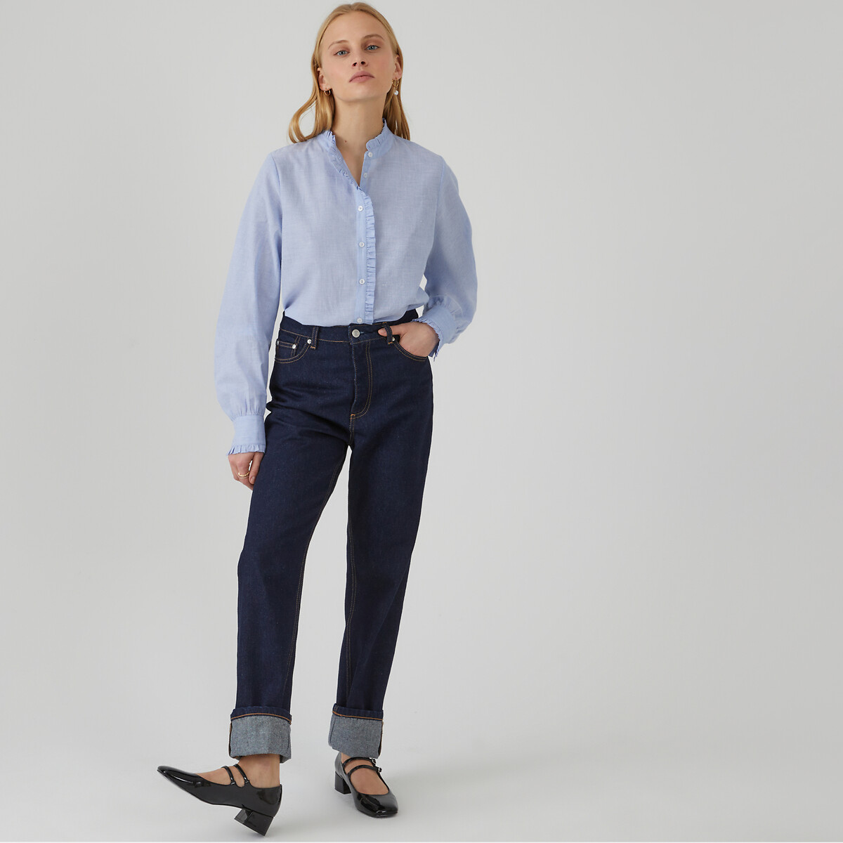 Ruffled High Neck Blouse with Long Sleeves sky blue, LA REDOUTE COLLECTIONS