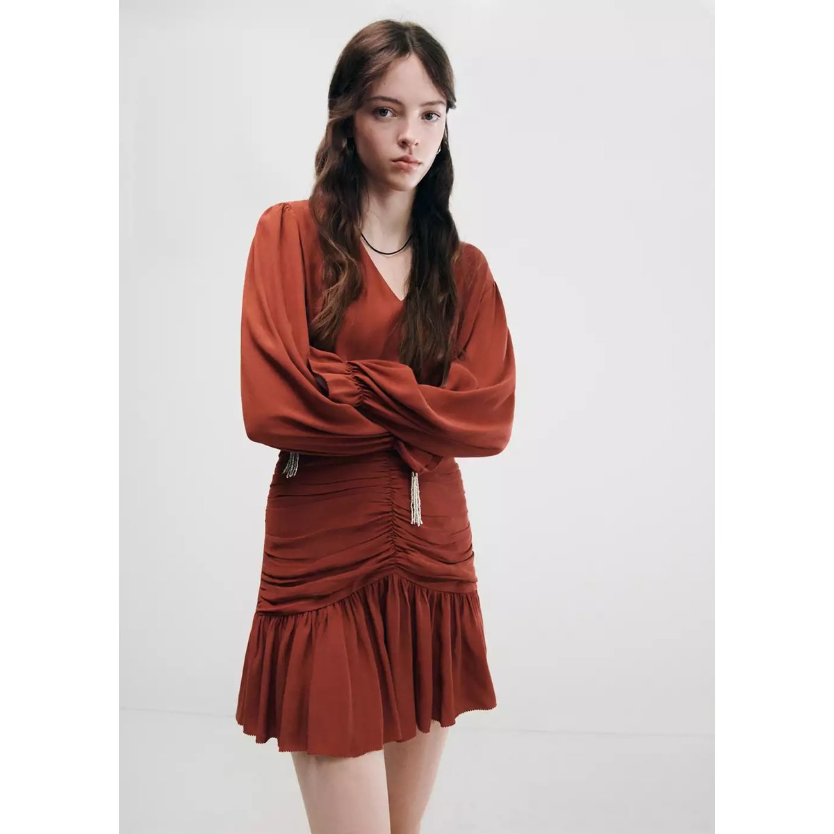 Robe en mousseline à panneau drapé orange brûlé, MANGO TEEN