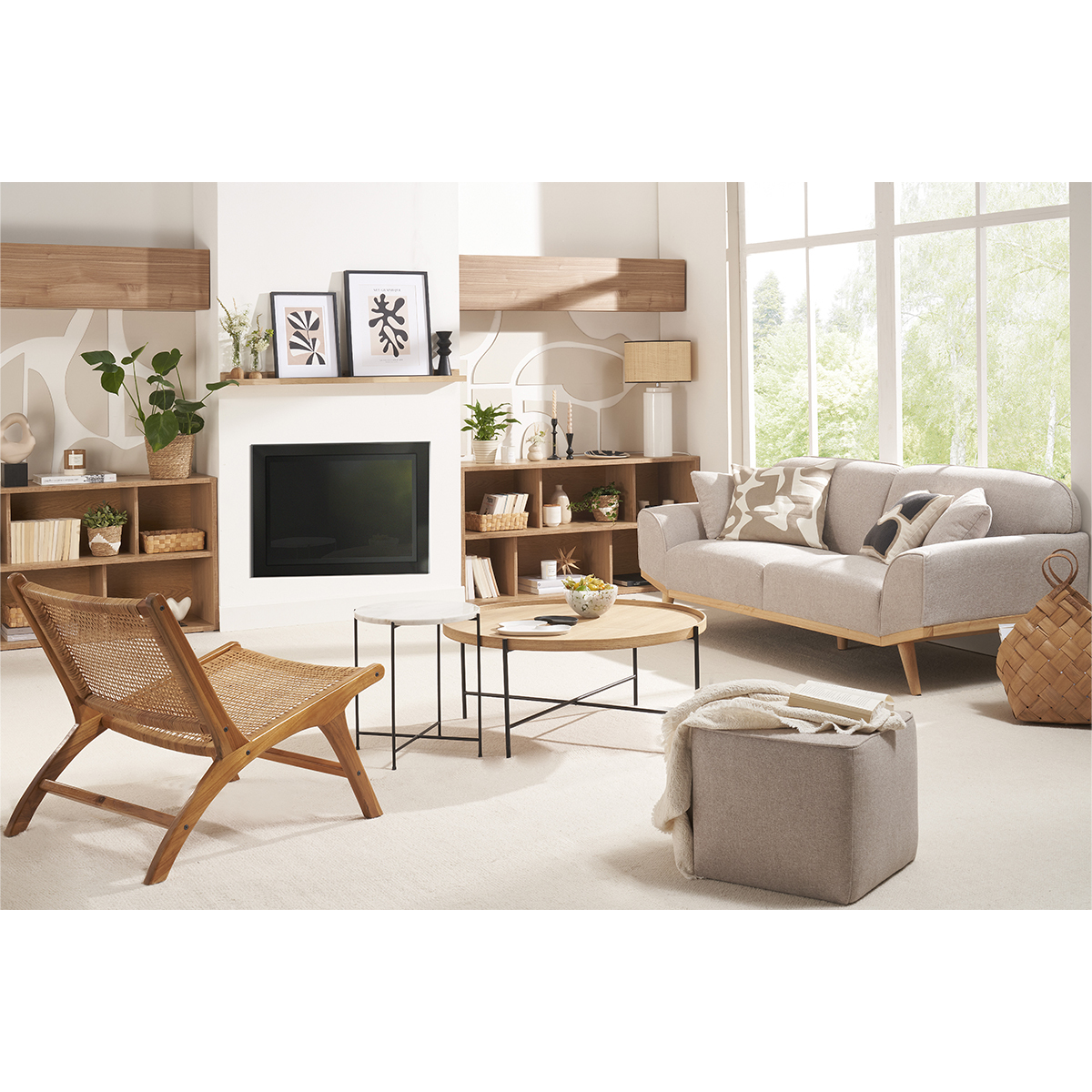 Canapé scandinave 3 places en tissu effet velours texturé beige et bois clair FREEMA beige, MILIBOO