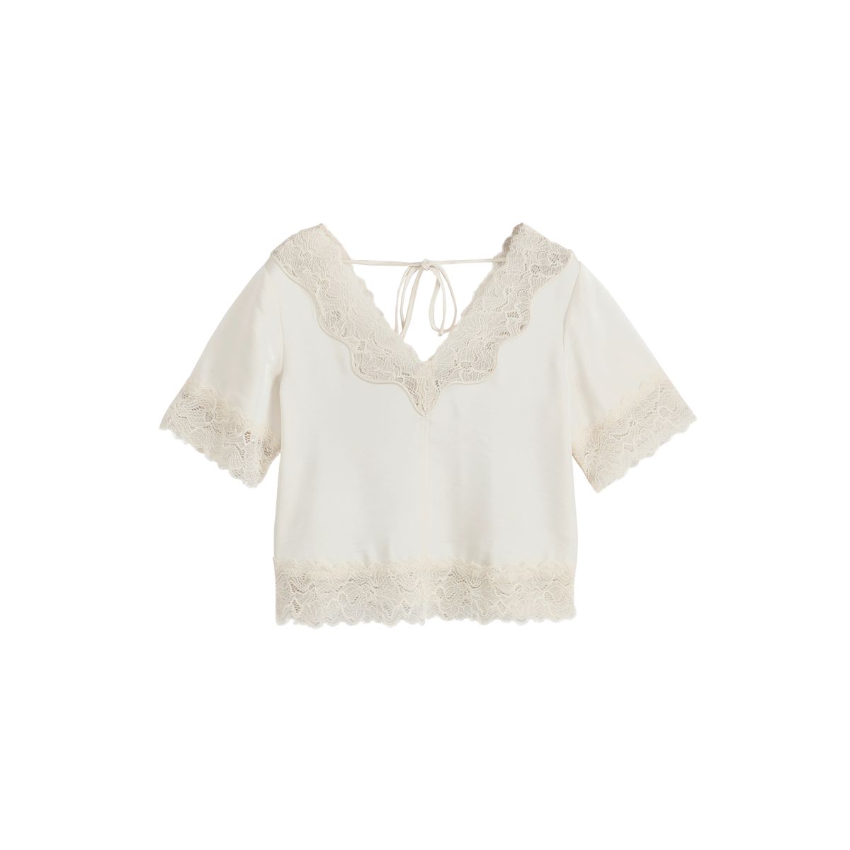 Top satin col v bordure dentelle crème, NEXT