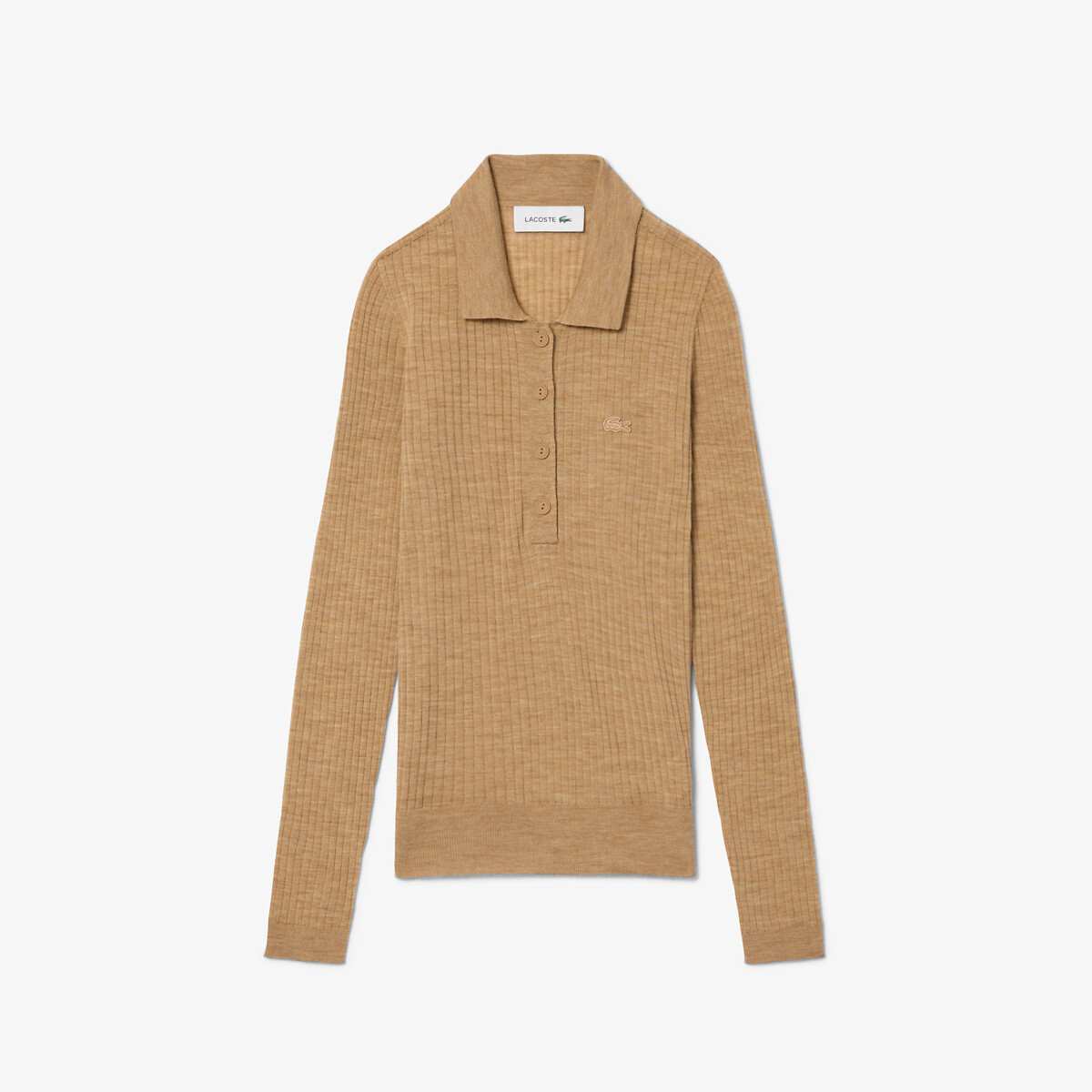 Pull collo a polo e maniche lunghe in lana beige cammello, LACOSTE