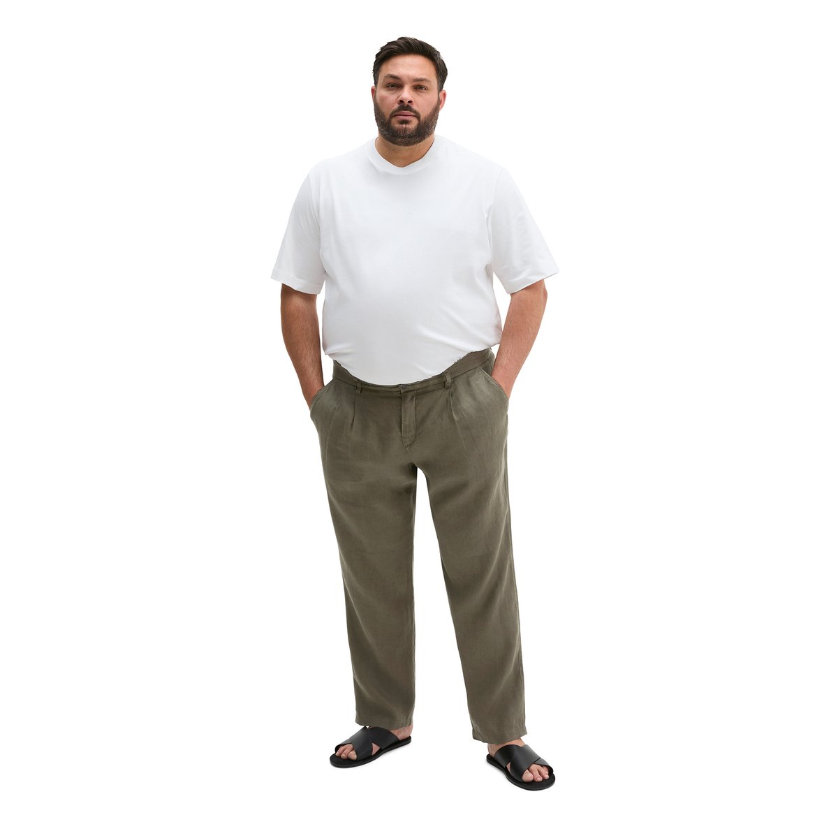 Pantalon en lin modèle Osby Jogger pleats avec ceinture élastique khaki, MARC O'POLO