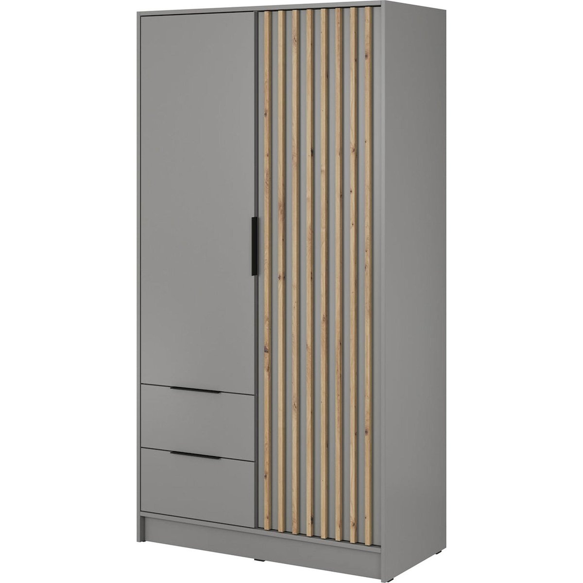 Armoire 2 portes à lattes chêne KARETTE gris et bois clair, RECOLLECTION