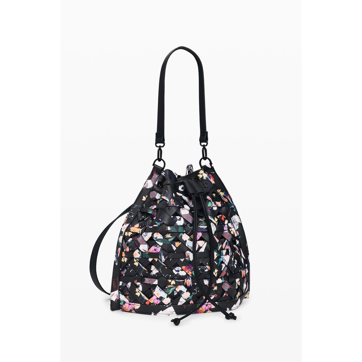 Sac à dos moyen tressé fleurs noir, DESIGUAL