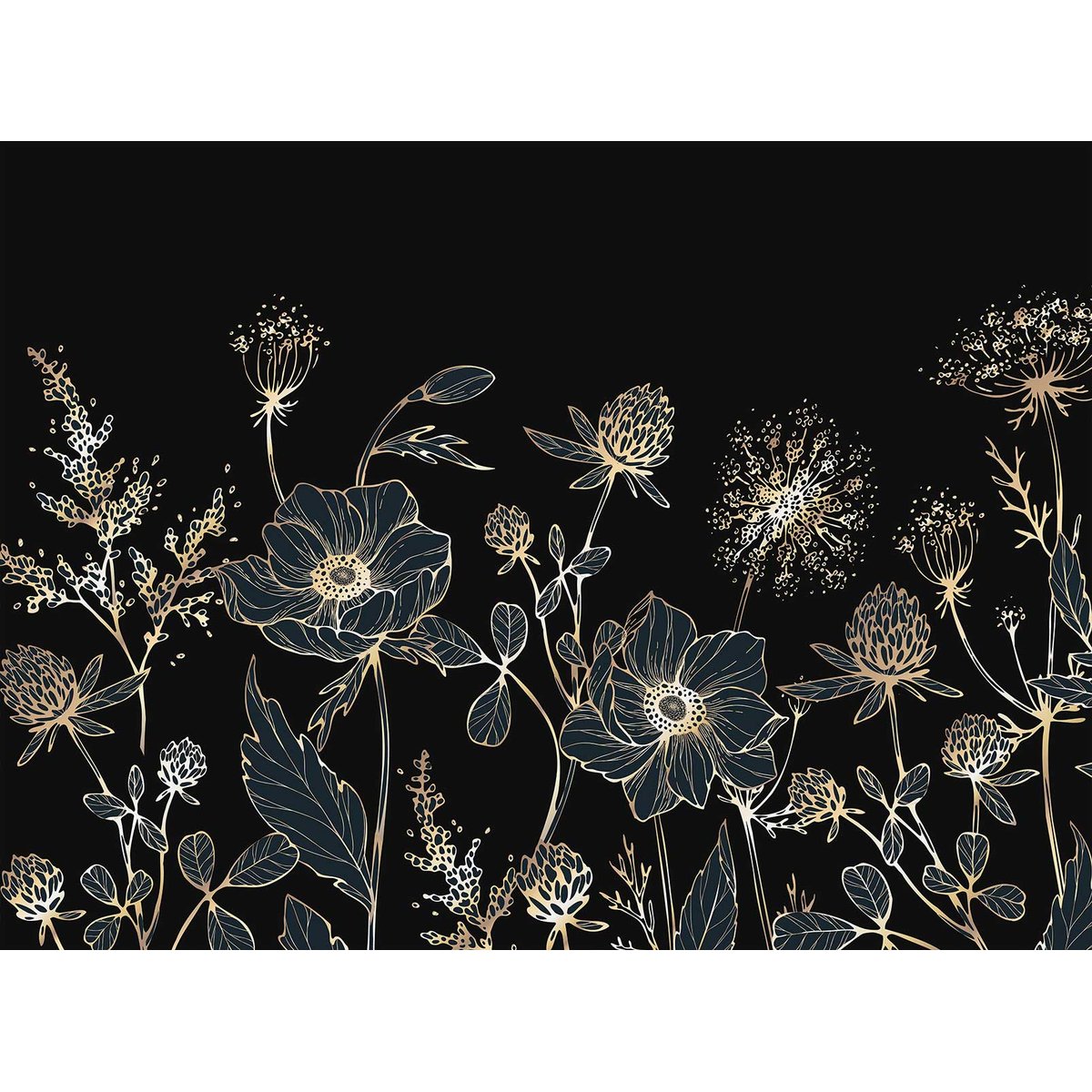 Papier peint fleurs sauvages dorées fond bleu nuit élégant bleu, HEXOA