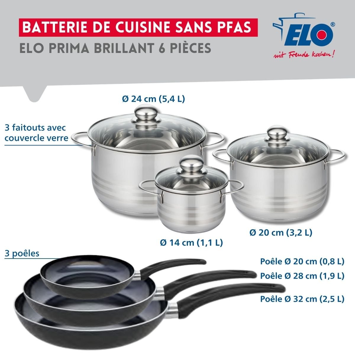 3 poêles 20/28/32cm + 3 faitouts 14/20/24cm PRIMA BRILLANT noir, ELO
