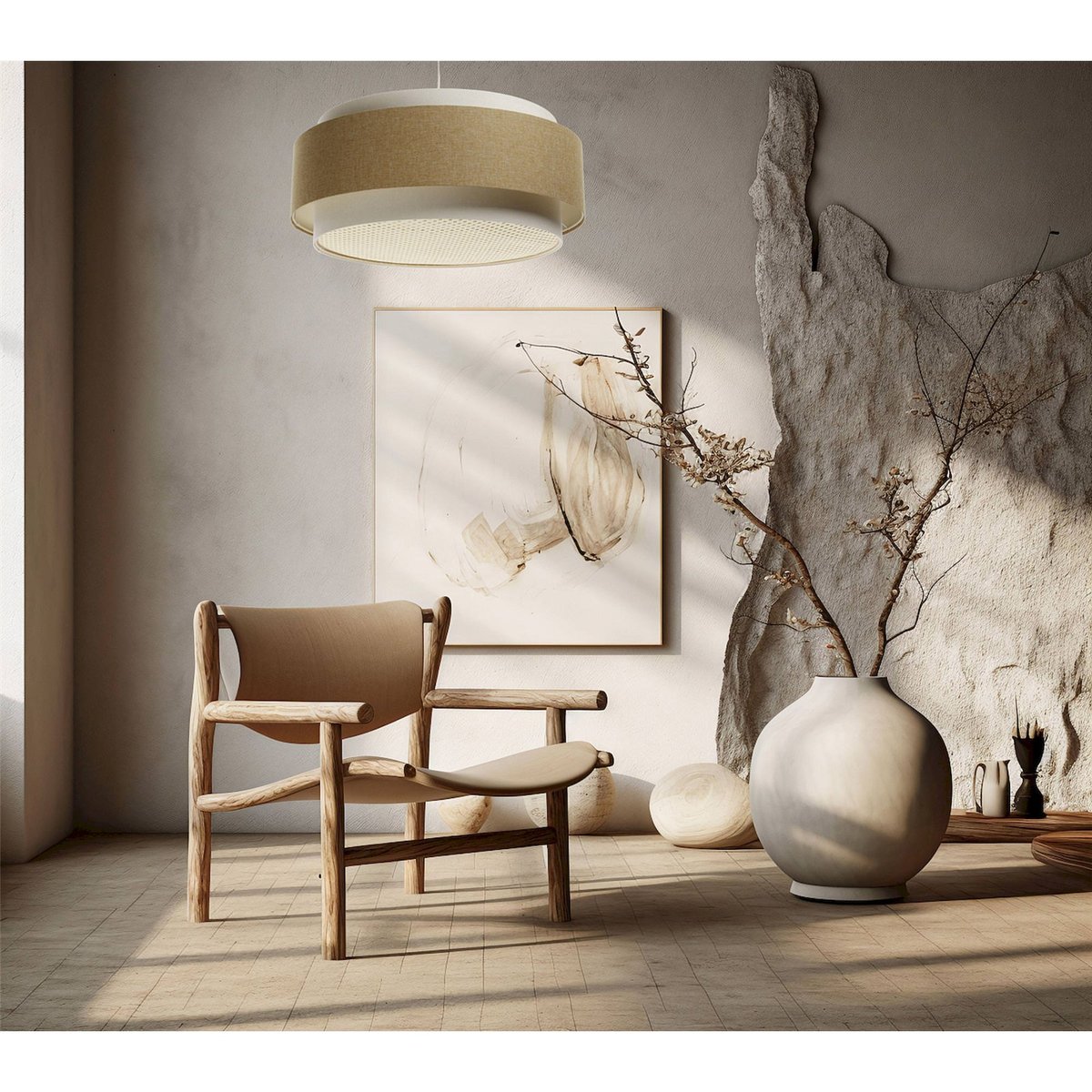 Suspension ronde en rotin, BOHO ELEGANT beige crème et rotin naturel, BPS KONCEPT