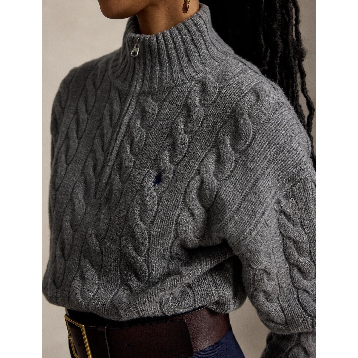 Pull col zippé en maille torsadée, 80% laine 20% cachemire gris foncé, POLO RALPH LAUREN