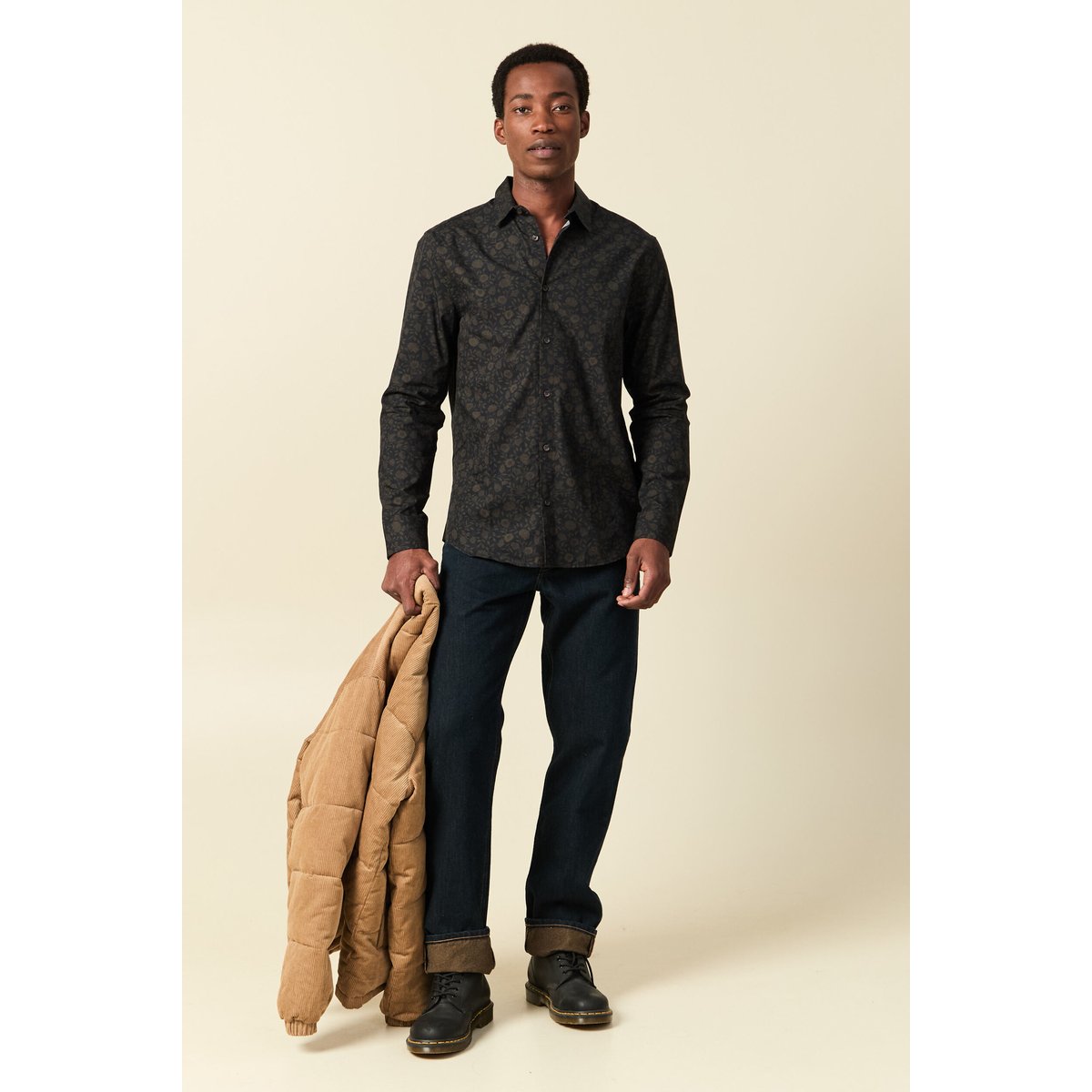 Chemise manches longues en coton noir, BONOBO