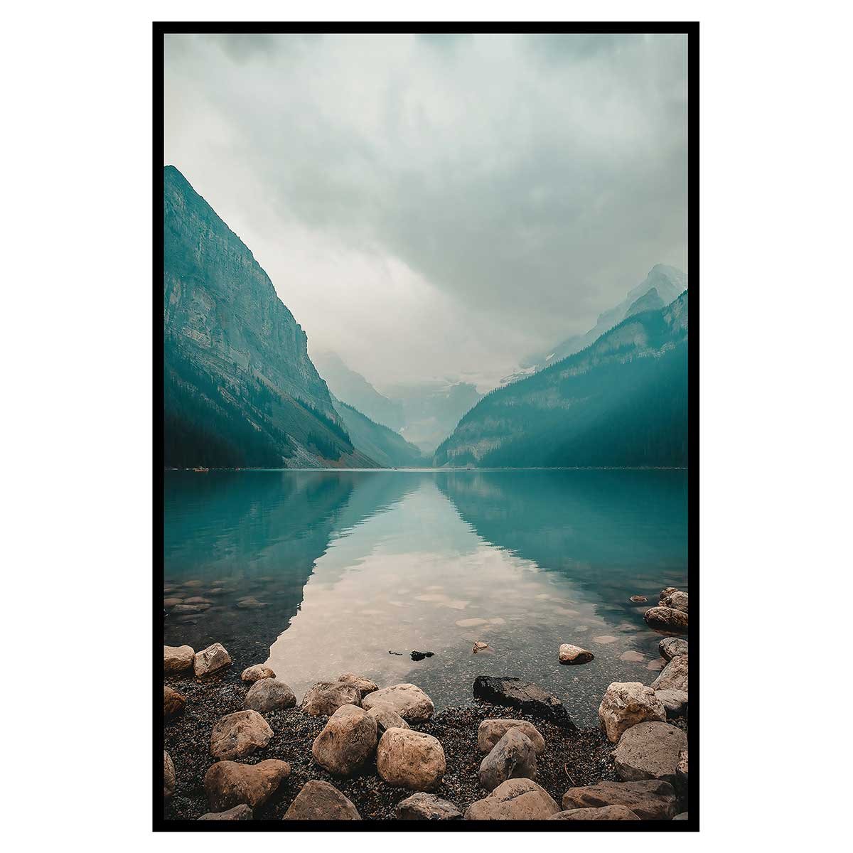 Affiche encadrée lac de montagne turquoise et rochers affiche + cadre en métal - noir, HEXOA