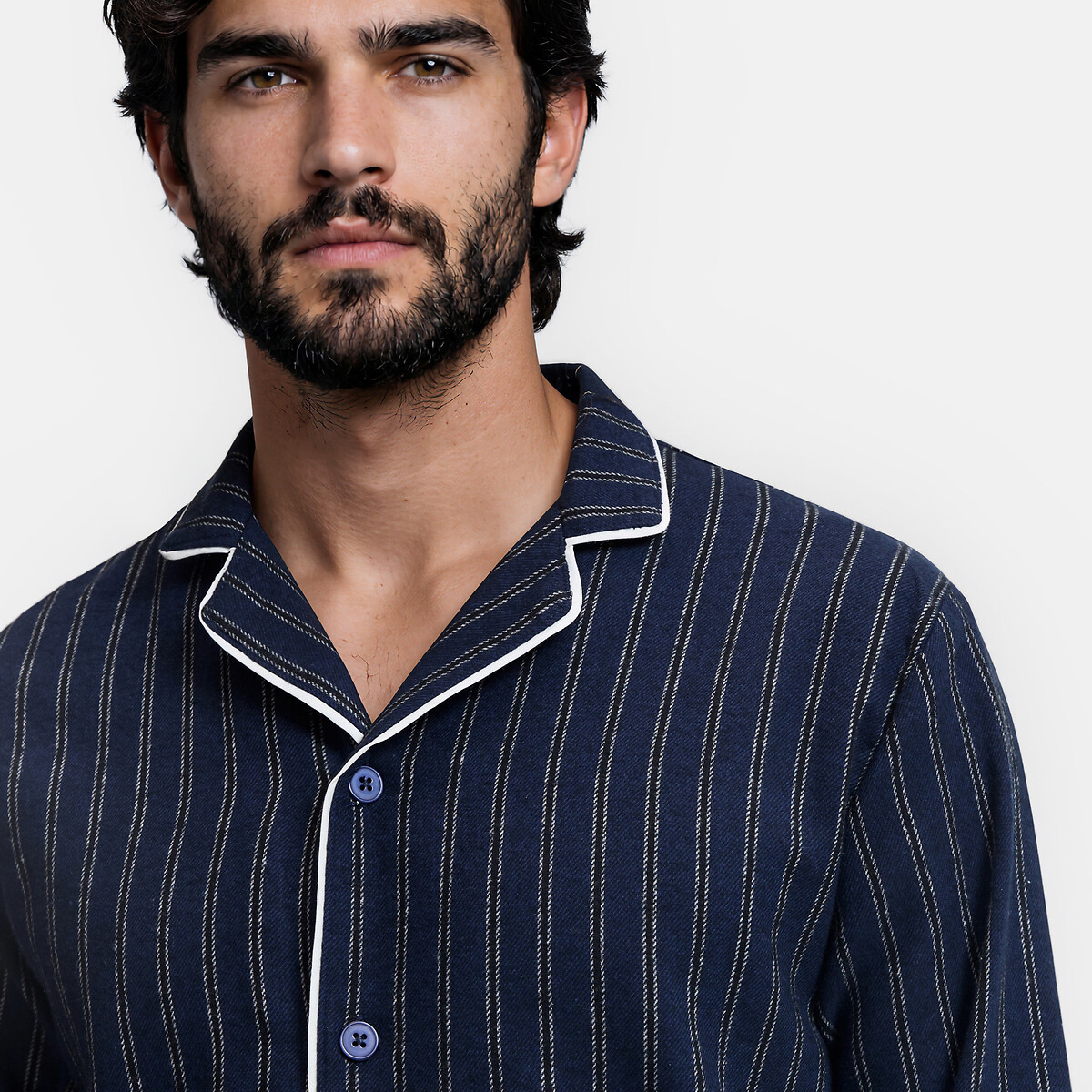 Pyjama flanelle pur coton bleu marine rayé blanc, LA REDOUTE COLLECTIONS