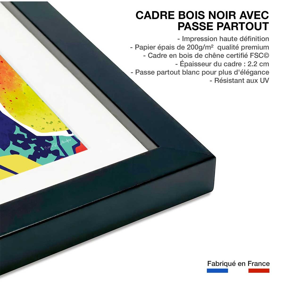 Poster arbre coloré affiche + cadre en bois - noir, HEXOA