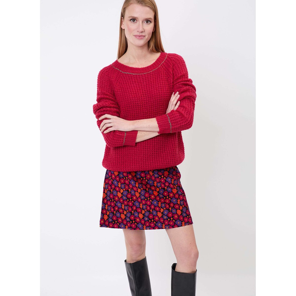 Pull court en maille uni CESAIRE rouge, PRINCESSE NOMADE