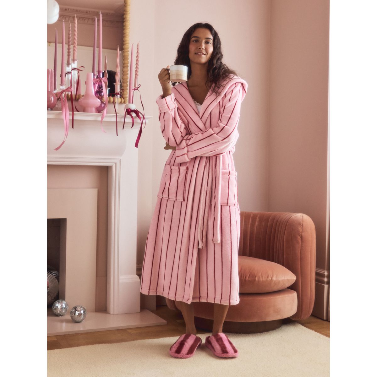 Robe de chambre douillette rose à rayures, NEXT