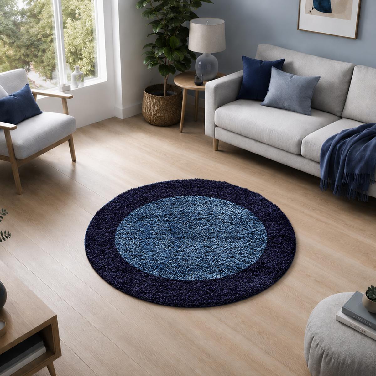 Tapis poils longs shaggy tissé motif simple BORDURE bleu, bleu foncé, UN AMOUR DE TAPIS