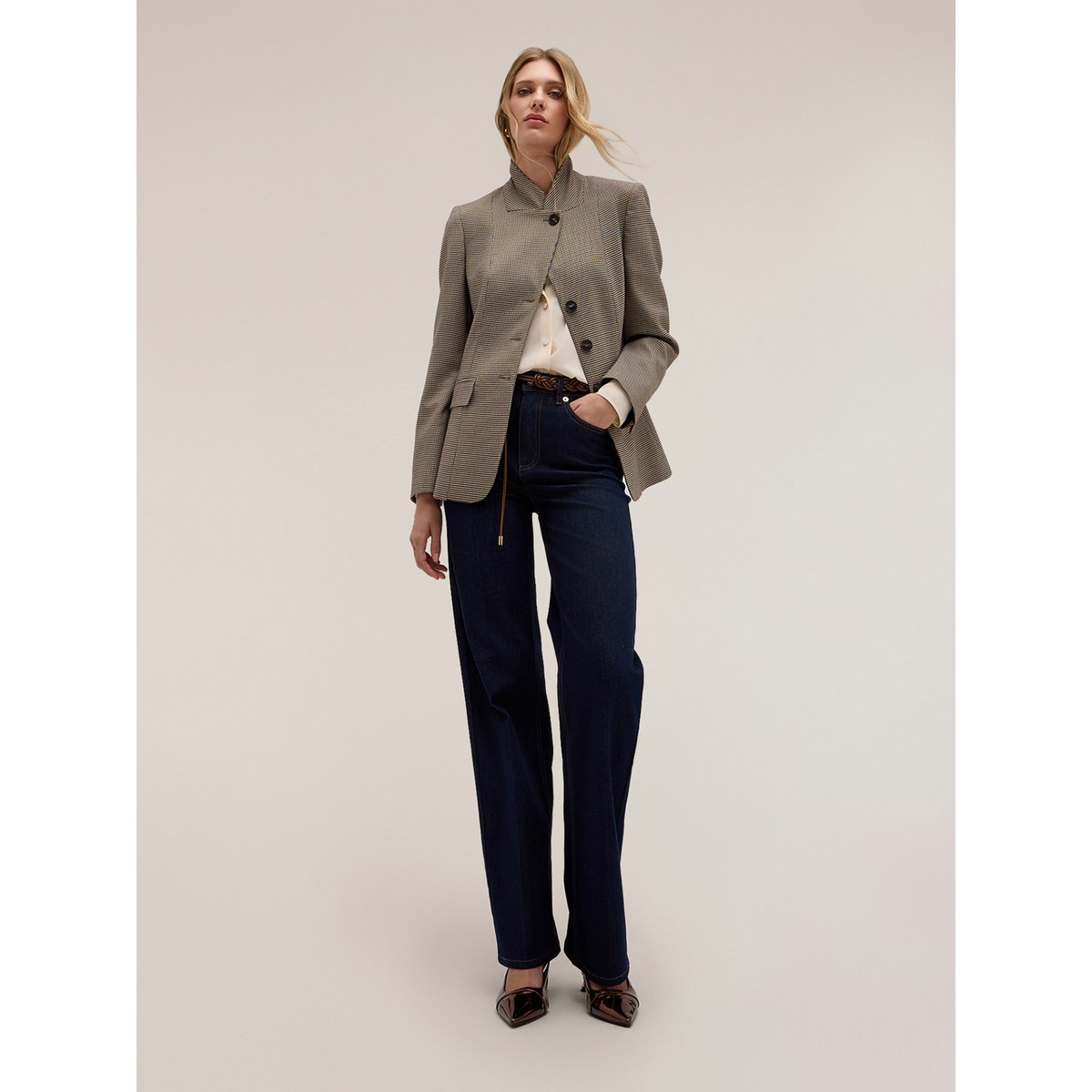 Veste structurée à carreaux col montant beige, MOTIVI