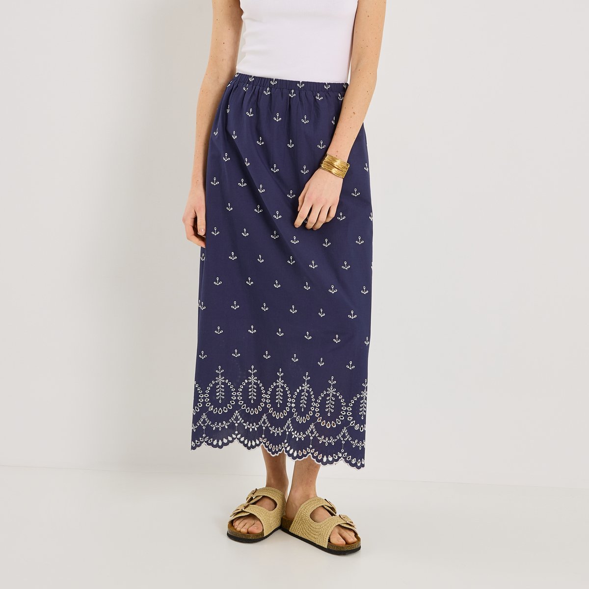 Jupe longue fluide broderie anglaise bleu marine, GRAIN DE MALICE