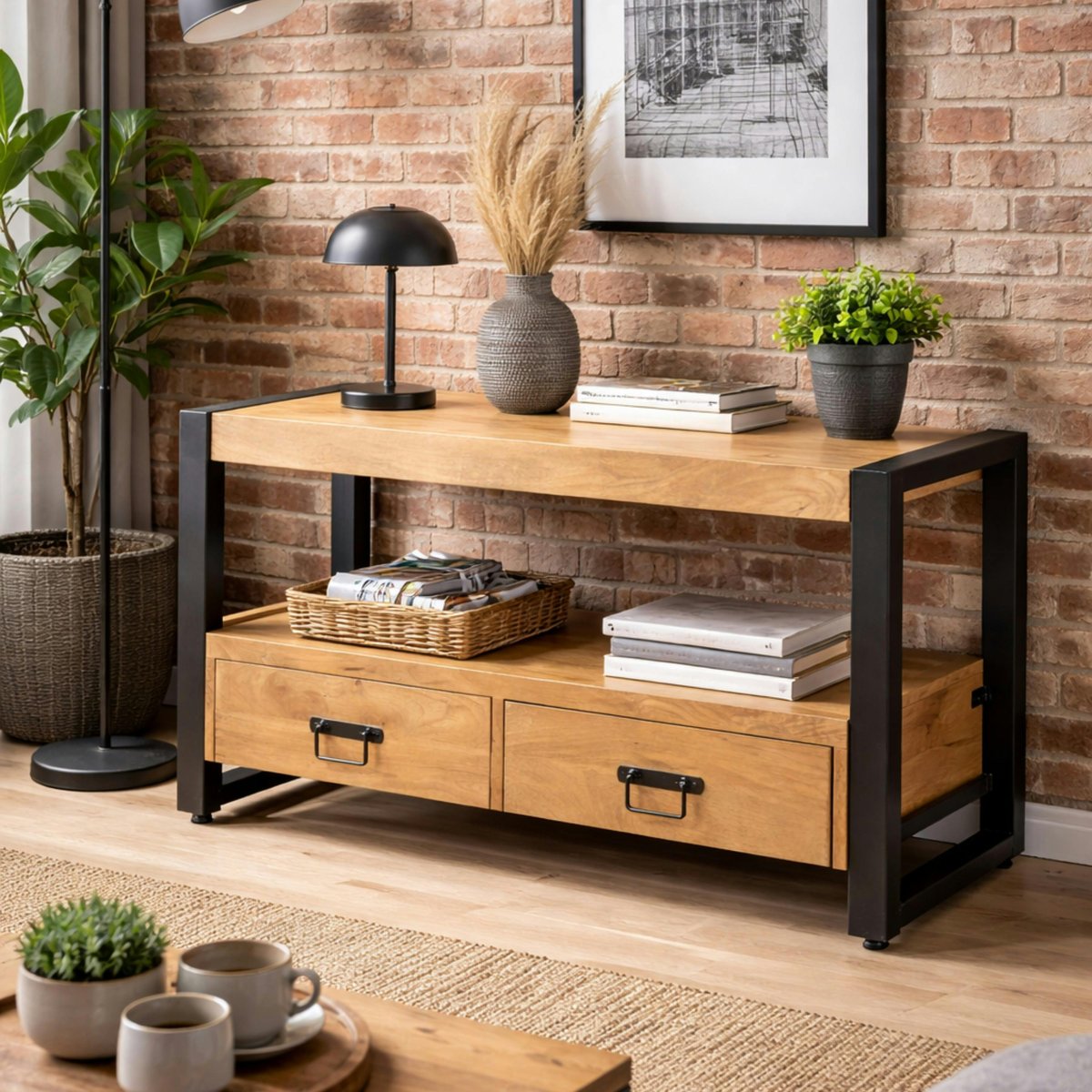 Meuble TV 2 tiroirs double plateau MILORA bois clair, PIER IMPORT