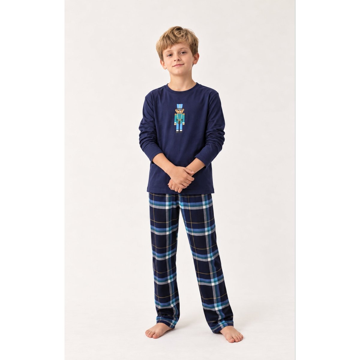 Pyjama enfant en jersey et flanelle de coton à carreaux Mark marine, ARTHUR