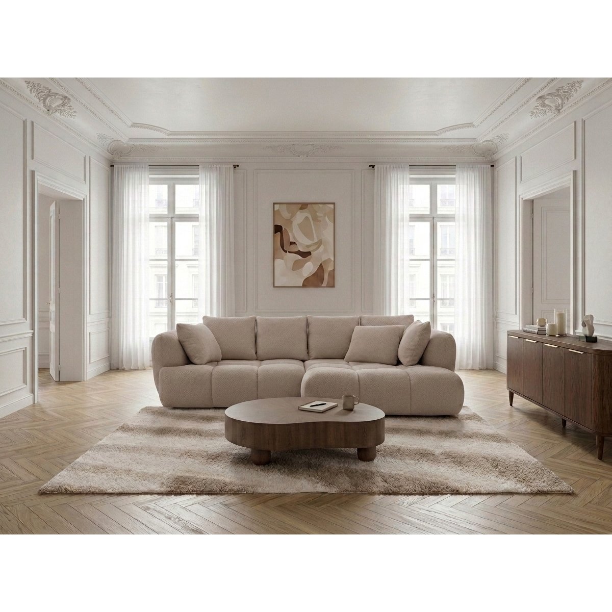 Canapé d'angle convertible 3 places en tissu bouclette, AUDE beige, BOBOCHIC