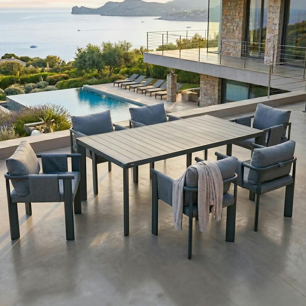 Table de jardin en aluminium + 6 fauteuils anthracite LIGO anthracite, PIER IMPORT