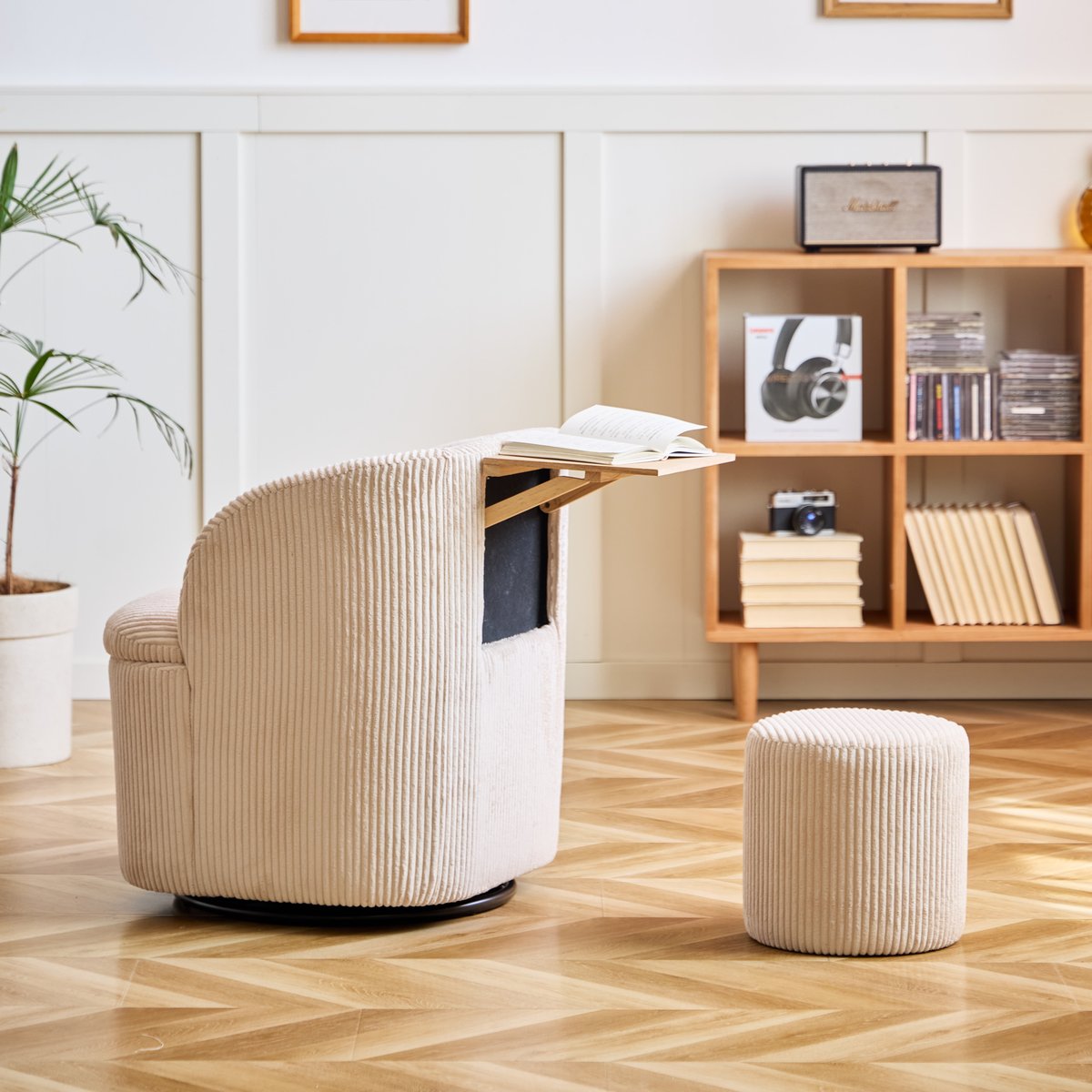Fauteuil pivotant et pouf, tissu, HALMSTAD beige, NORDLYS