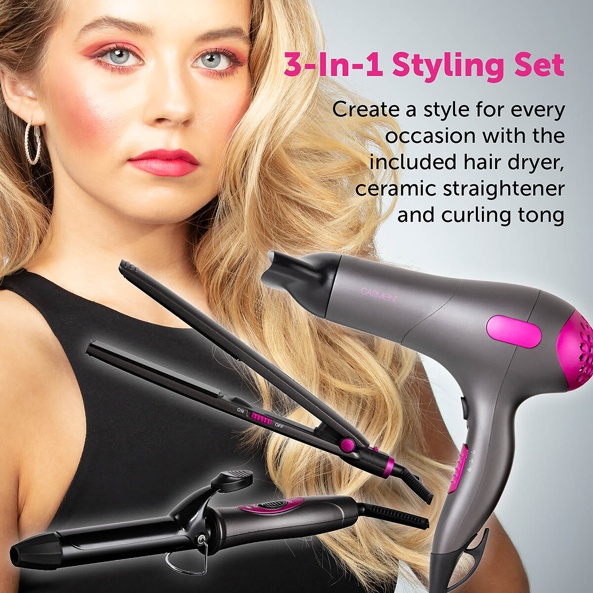 Neon Triple Pack Gift Set with Hair Dryer/Curler/Straightener - C81128 grey, CARMEN