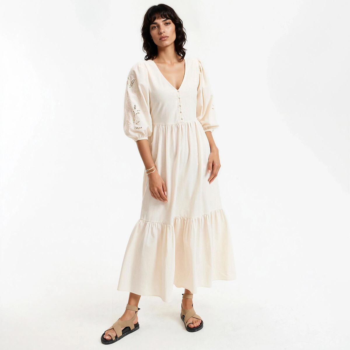 Robe longue col V manches brodées  ivoire brodé, LA REDOUTE COLLECTIONS