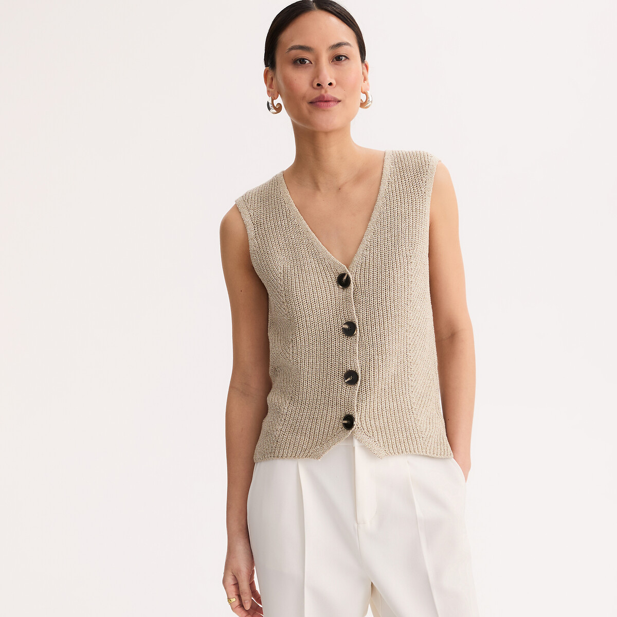 Gilet sans manches en grosse maille lin et coton lin naturel, ANNE WEYBURN