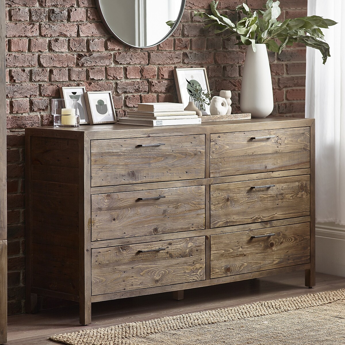 Ember Reclaimed Wood 6 Drawer Wide Chest rustic dark wood, SO'HOME