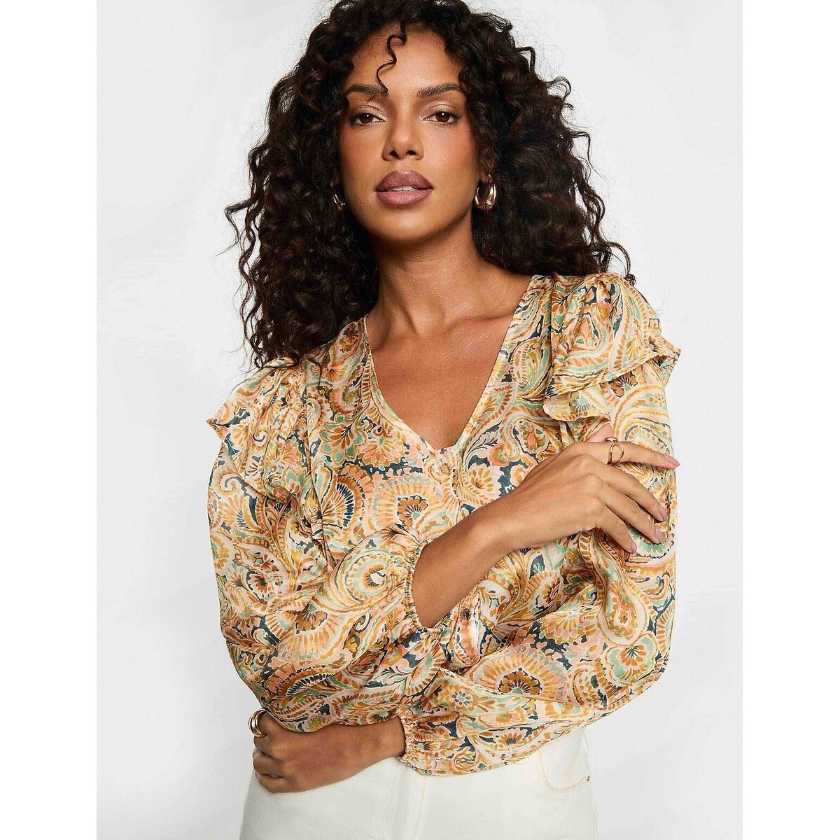 Blouse imprimée col v volanté imprimé jaune, MORGAN