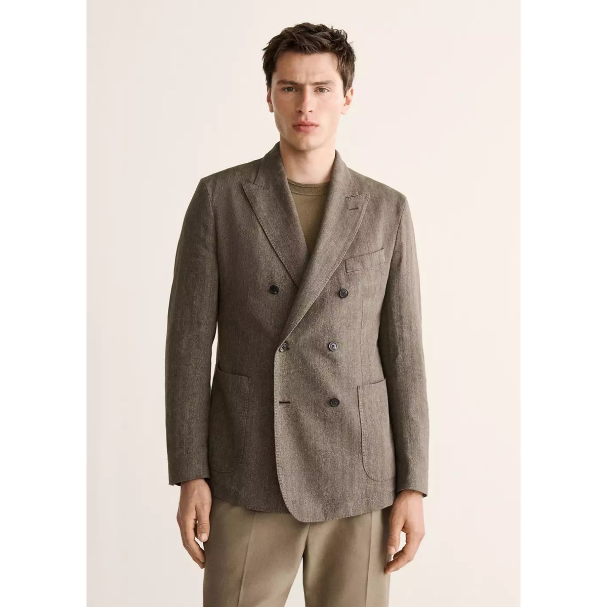 Veste croisée slim fit en mélange de lin gris vison, MANGO MAN