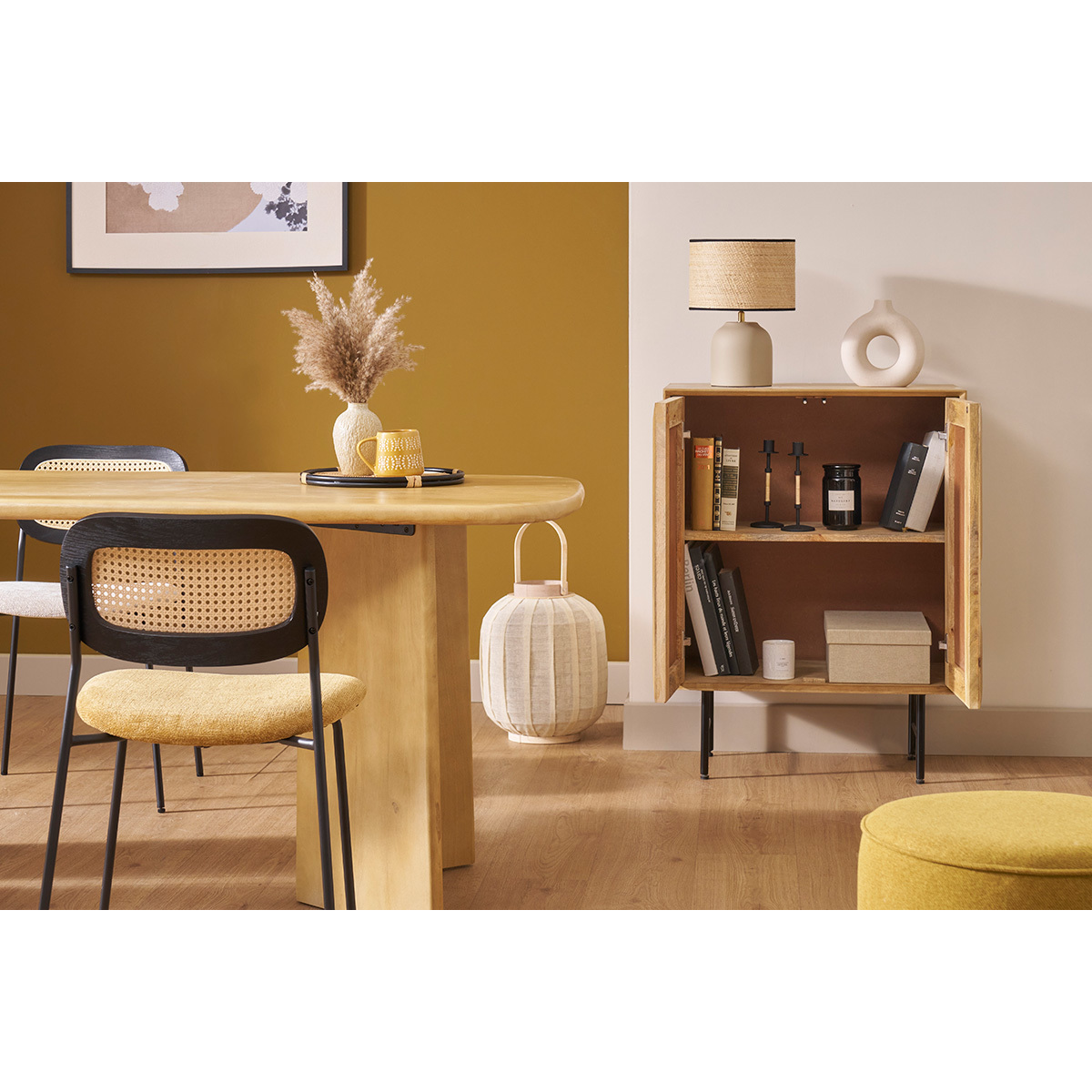 Buffet en bois manguier massif gravé et métal noir 2 portes L70 cm AGRA chêne clair, MILIBOO