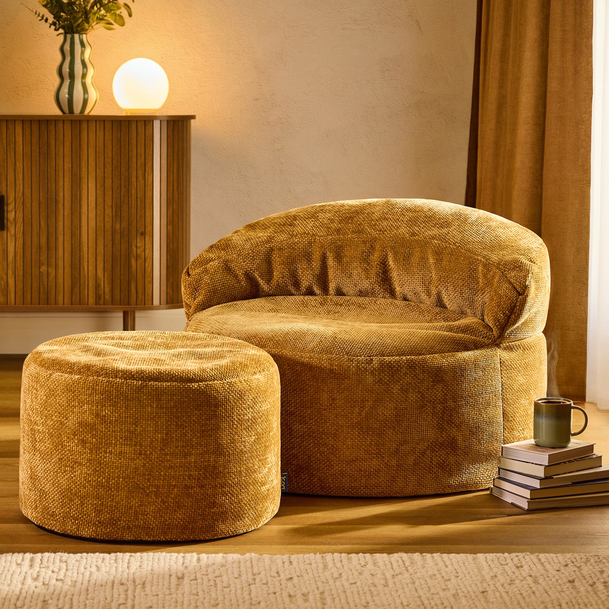 Pouf fauteuil d’appoint décoratif en tissu chenille Oeko-Tex® - ORB moutarde, ICON