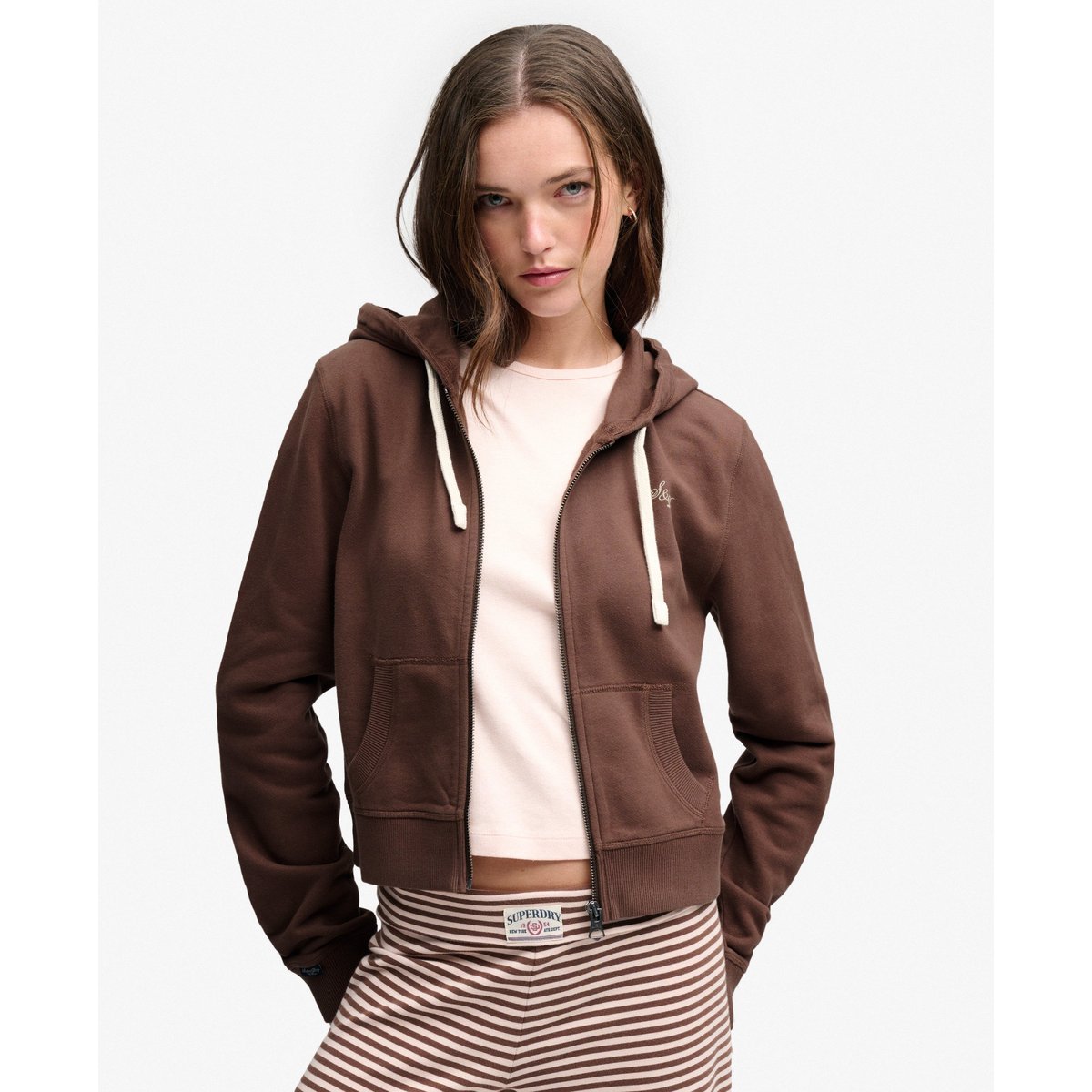 Sweat zippé à capuche Athletic Essentials Crop Coupe Décontractée marron châtaigne, SUPERDRY