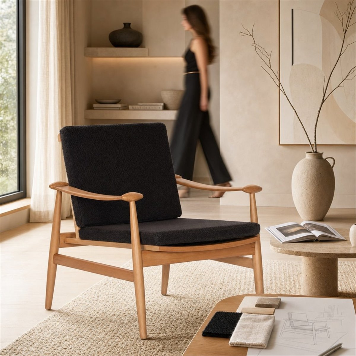 Fauteuil en hêtre et tissu tissé naturel et noir, RECOLLECTION