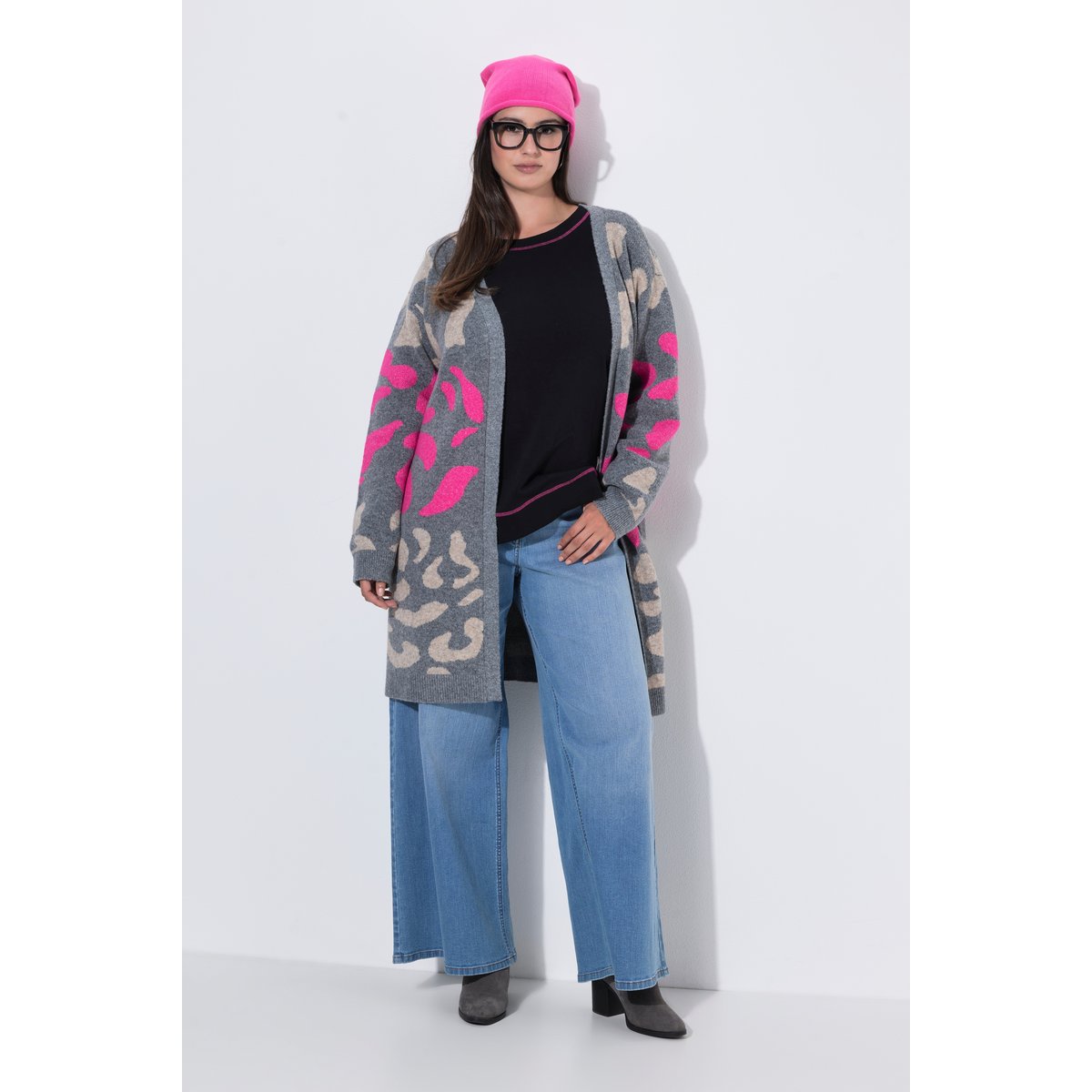 Cardigan long, motif léopard coloré gris chiné, ULLA POPKEN