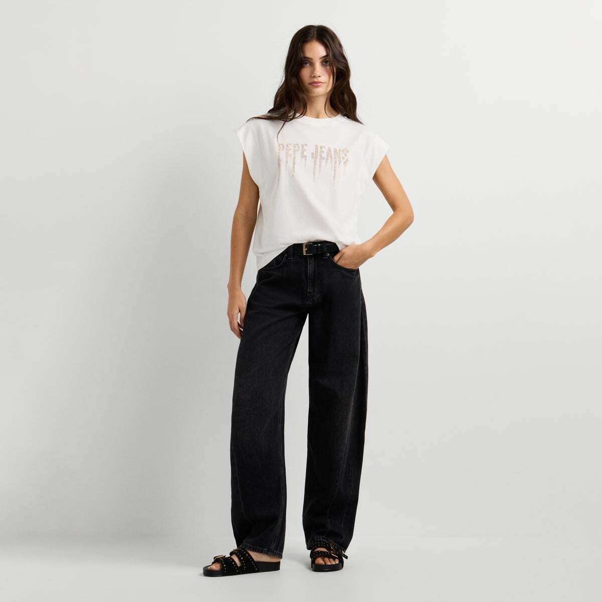 T-Shirt Sans Manches Logo Clous blanche mousse, PEPE JEANS