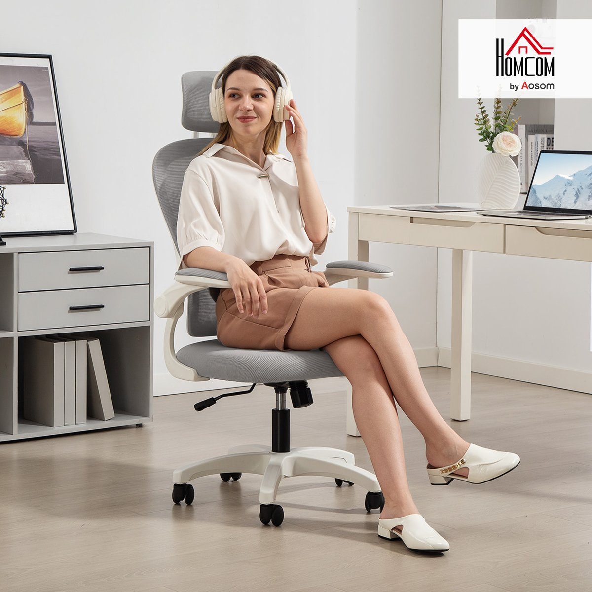 Chaise de bureau Maille (100 % polyester) gris, blanc, HOMCOM