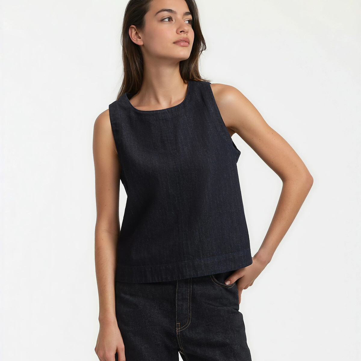 Top sans manches en denim, col rond bleu brut, LA REDOUTE COLLECTIONS