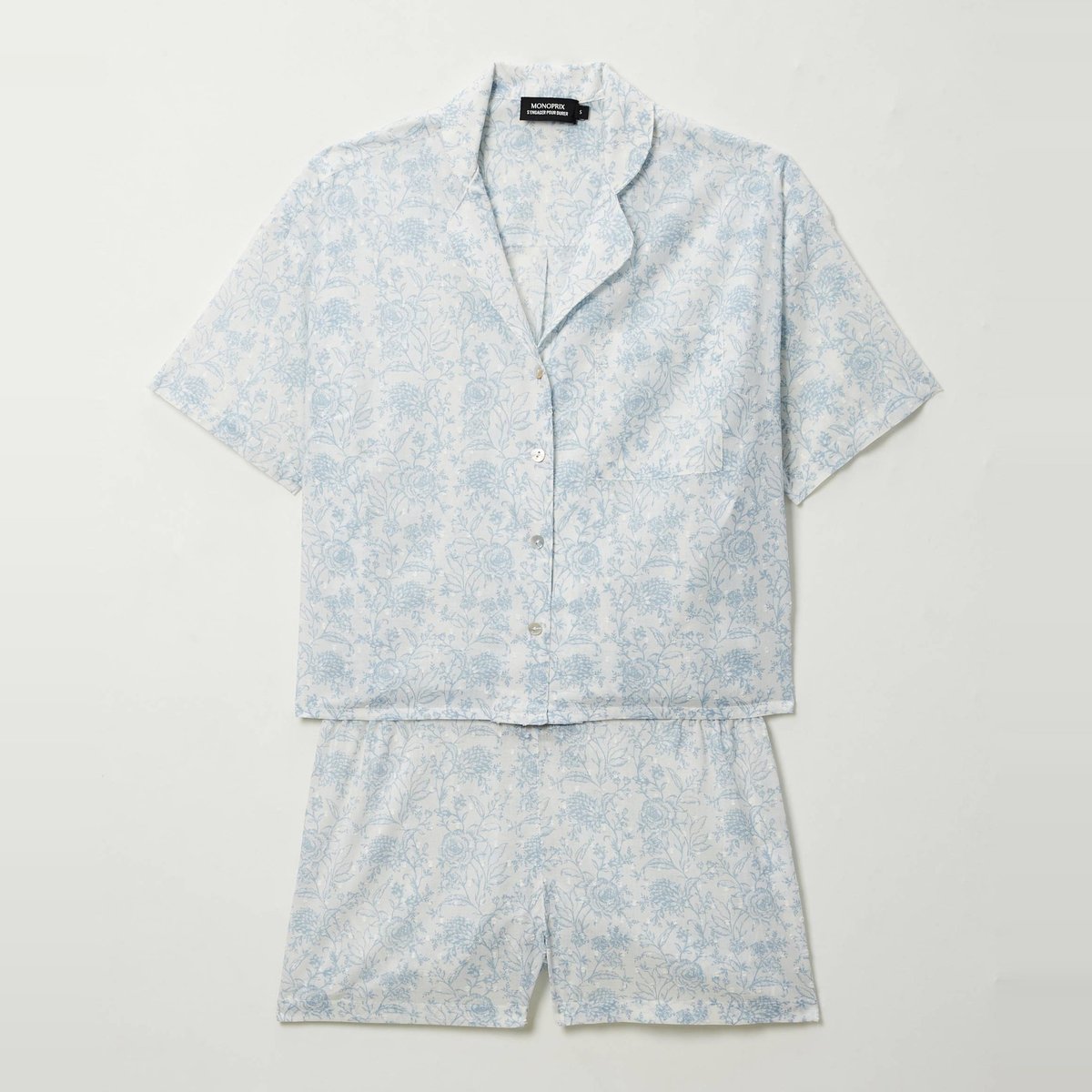 Pyjashort imprimé toile de Jouy en plumetis de coton BIO celeste, MONOPRIX