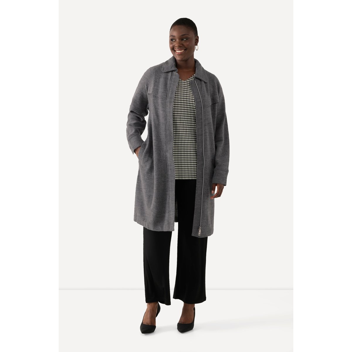 Manteau en laine bouillie avec col chemise gris clair chiné, ULLA POPKEN