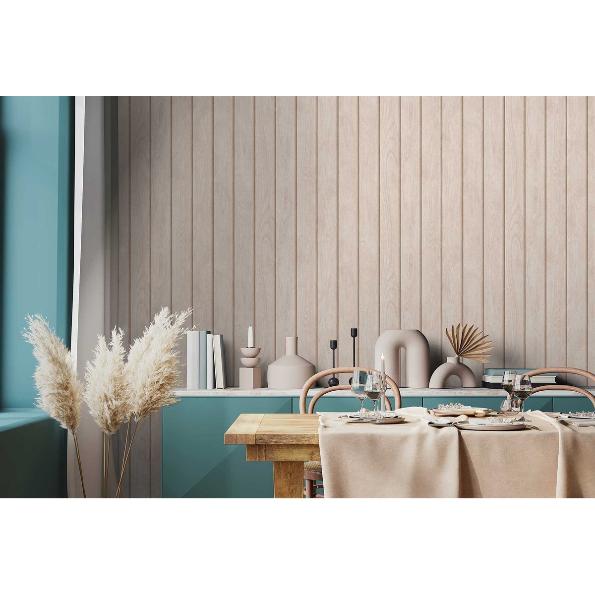 Papier peint lambris bois vertical beige rosé clair beige, HEXOA