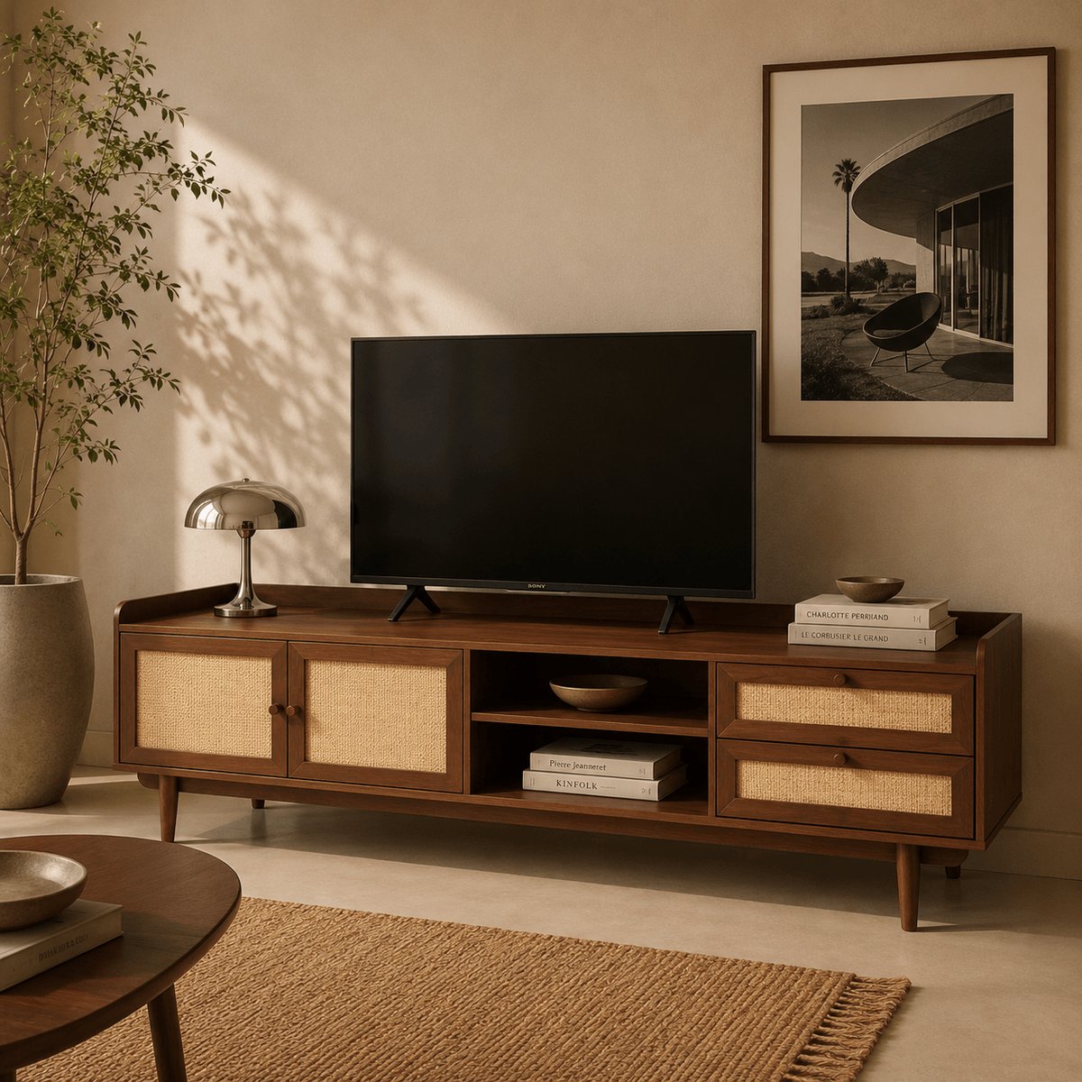 Meuble TV en cannage LEON noyer, SORELH