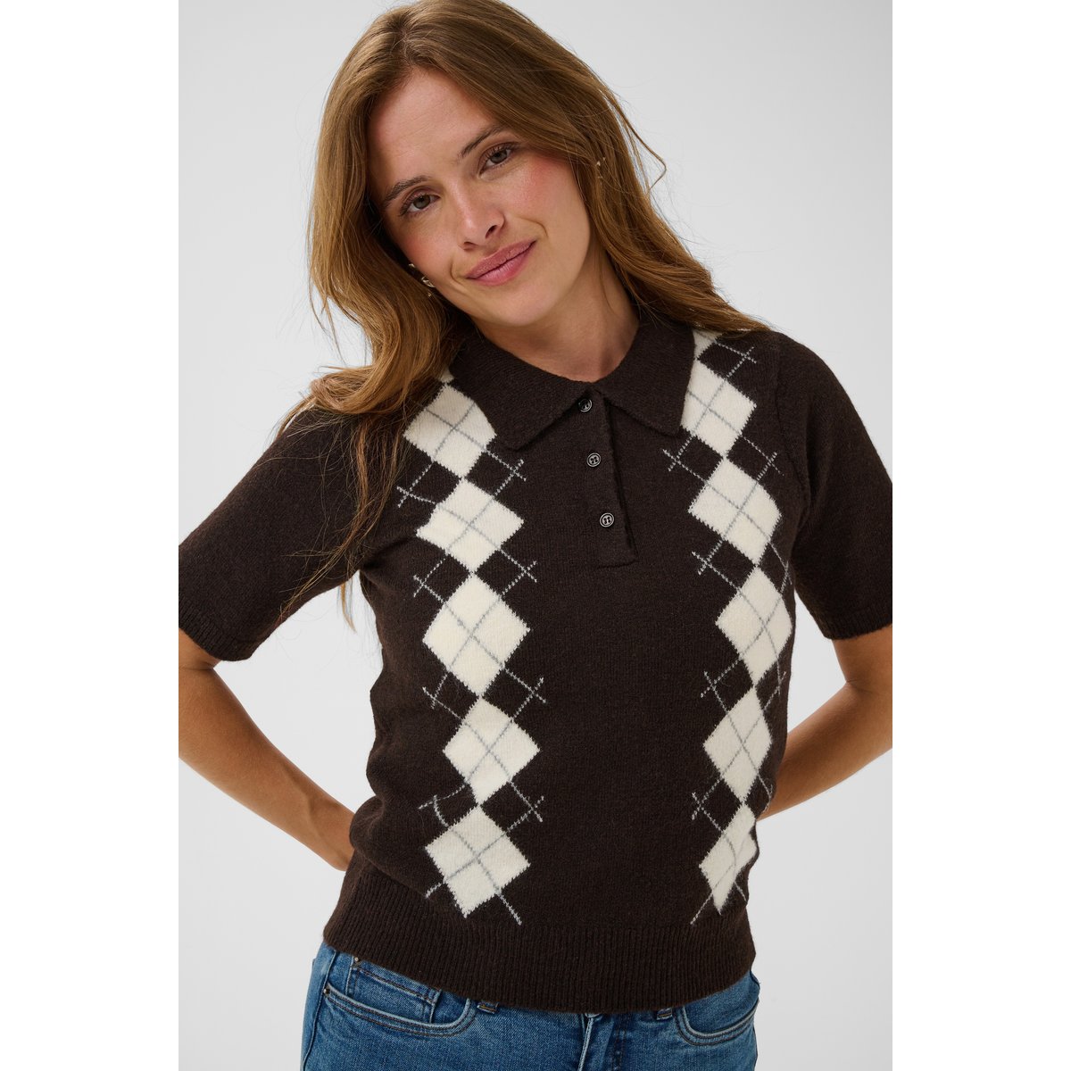 Pullover tricoté marron dark brown/chalk argyle, KAFFE