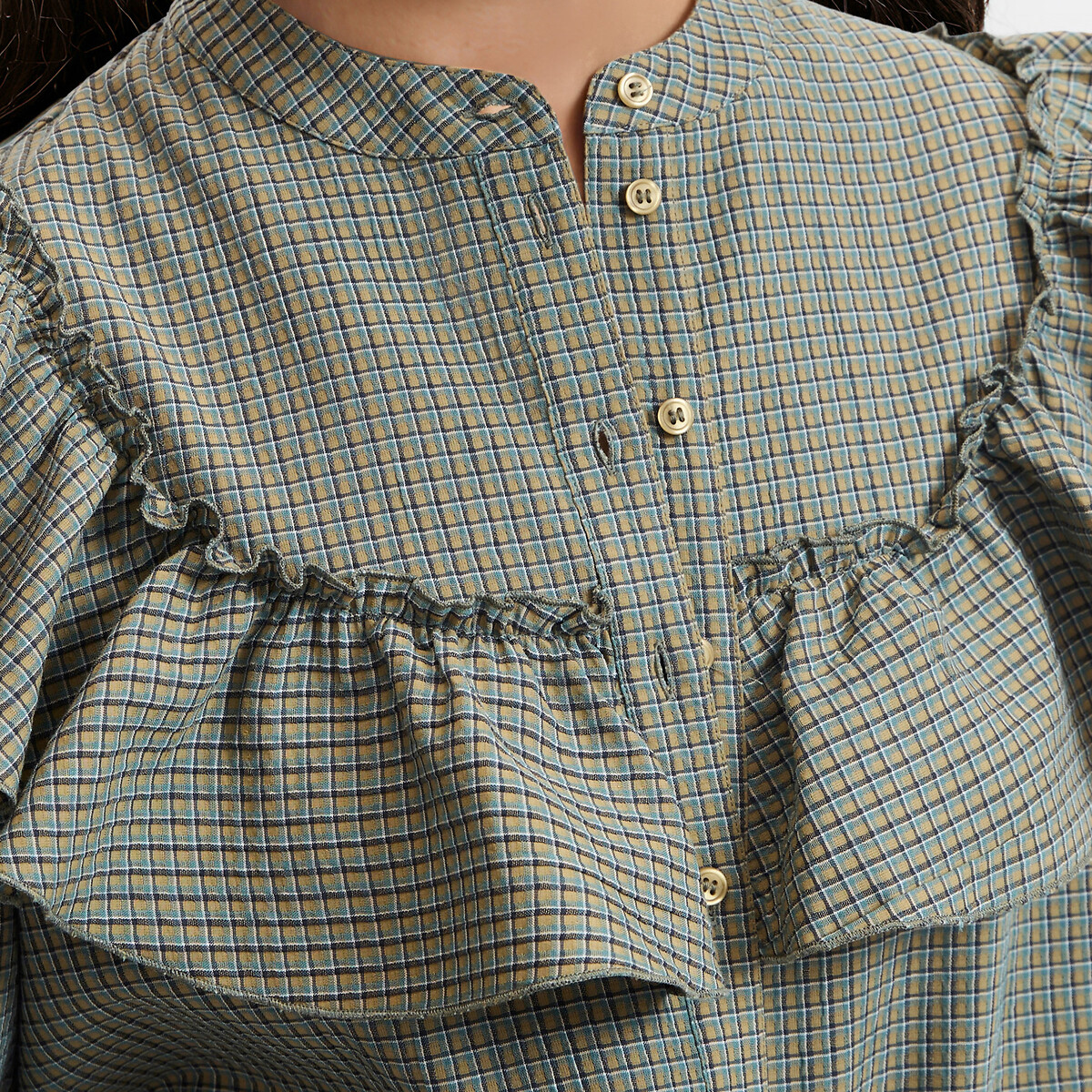 Camisa de gola redonda, xadrez e com folho quadrados verde/marinho, LA REDOUTE COLLECTIONS