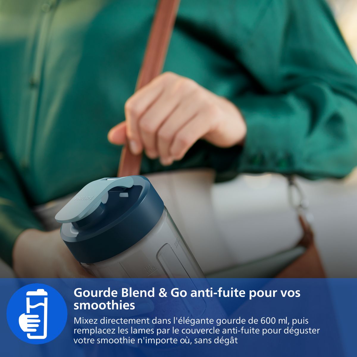 Blender HR2672/02 Blender mixeur bleu Série 3000, x2 gourdes Blend & Go 0.6L, 350W couleur unique, PHILIPS